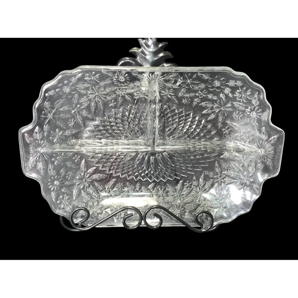 Indiana Glass Pineapple and Floral 3-Part Divided Relish Dish 1930s